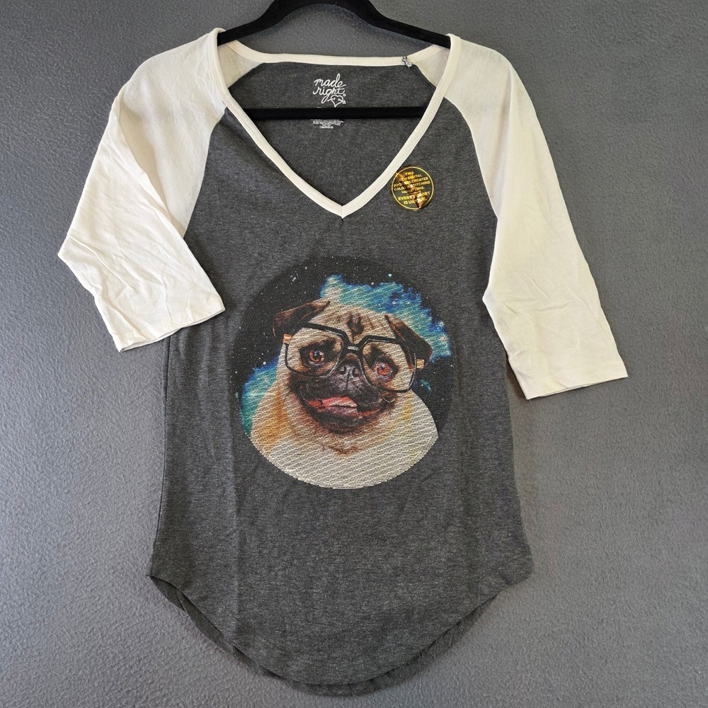Made Right Bioworld Space Pug Glasses Baseball Tee Gray White Medium*